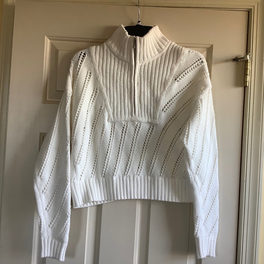 Magaschoni Half Zip Mock Neck Knit Sweater Cream SZ S